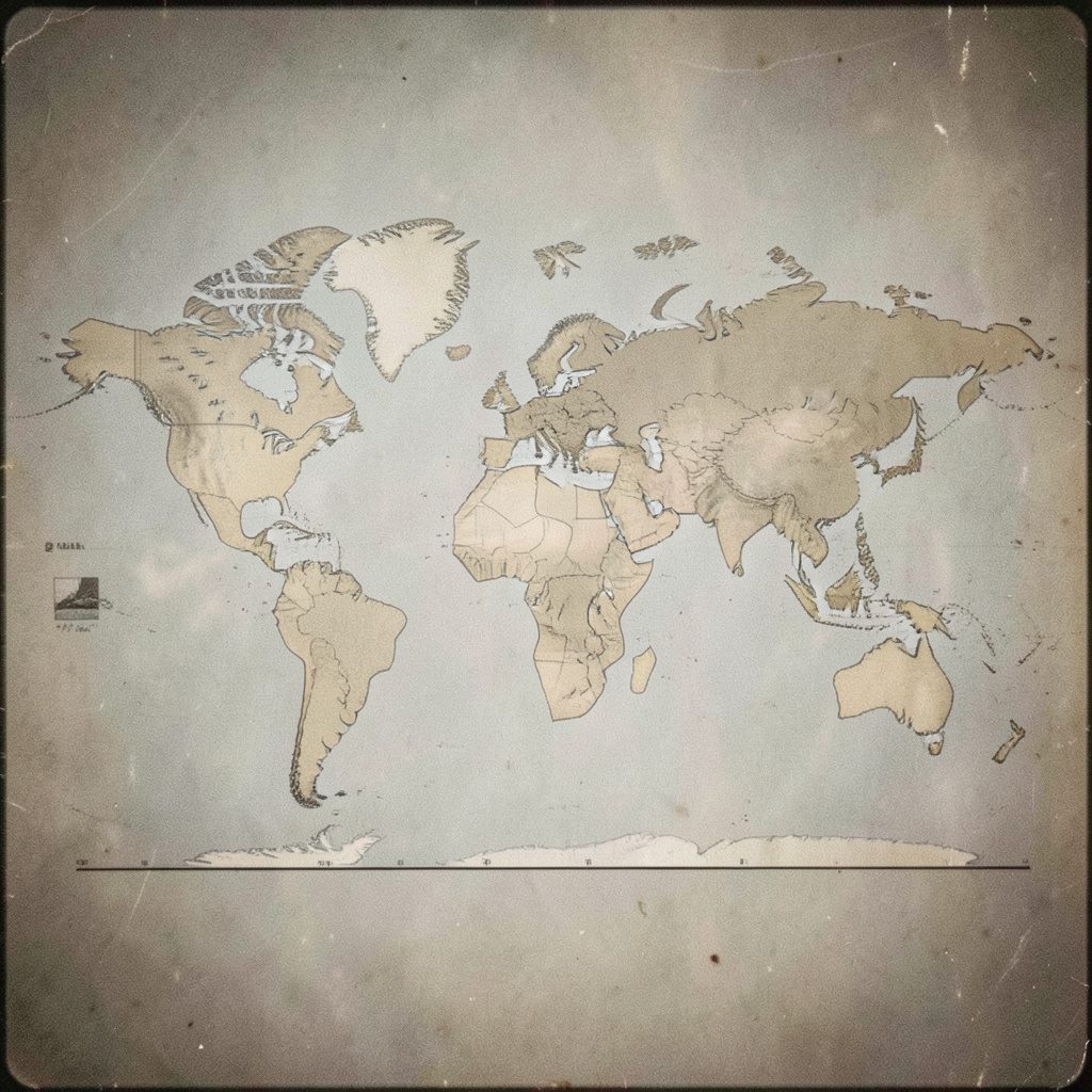 A richly textured world map with muted earth tones and soft cream oceans, photographed on grainy film.