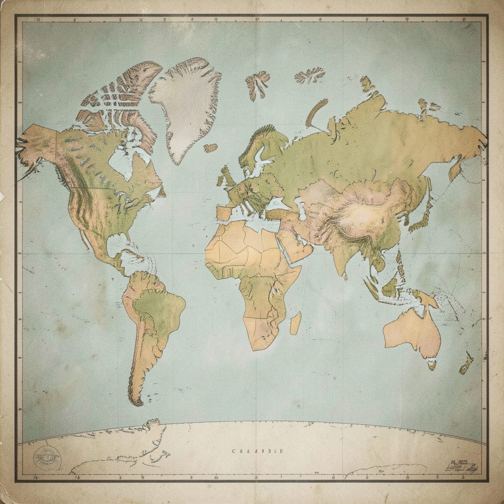 A full-wall world map wallpaper in subdued olive and beige tones, covering an entire accent wall in a warmly lit room.