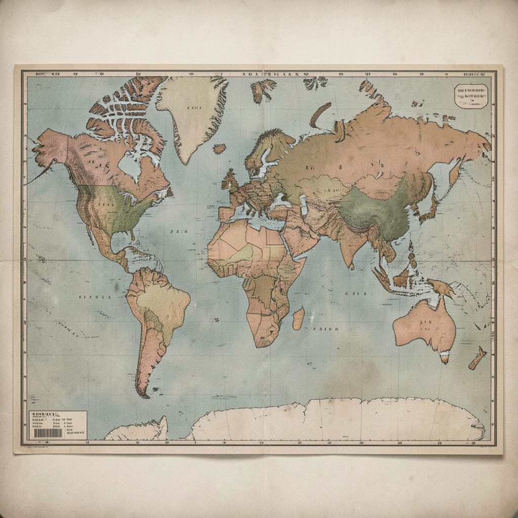 A richly textured world map with muted earth tones and soft cream oceans, printed on canvas with visible grain and warm ambient light across its surface.