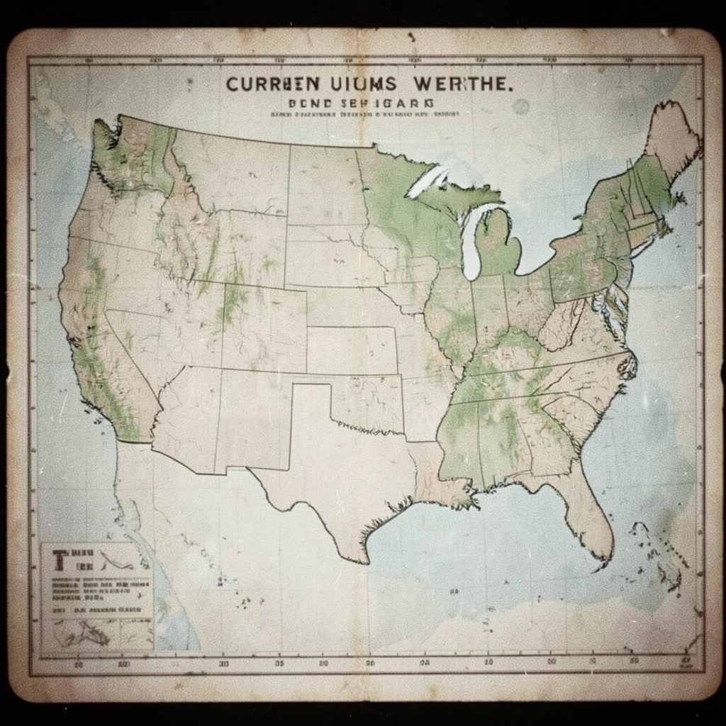 A vintage-style United States map crafted from colorful license plates, each state formed by a distinct plate with faded metal tones and embossed lettering.