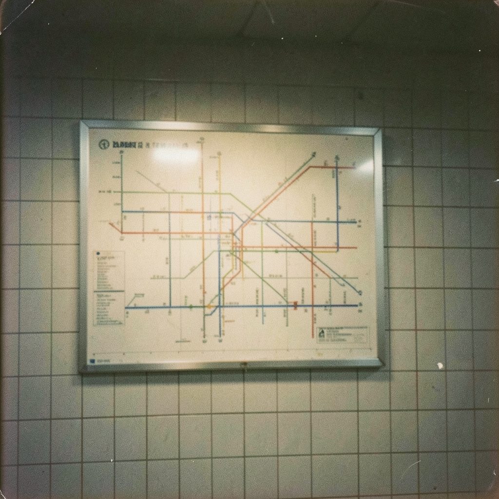 A grainy analog film photograph of a softly lit subway map mounted on a tiled station wall, muted grays and warm cream tones with faint reflections.