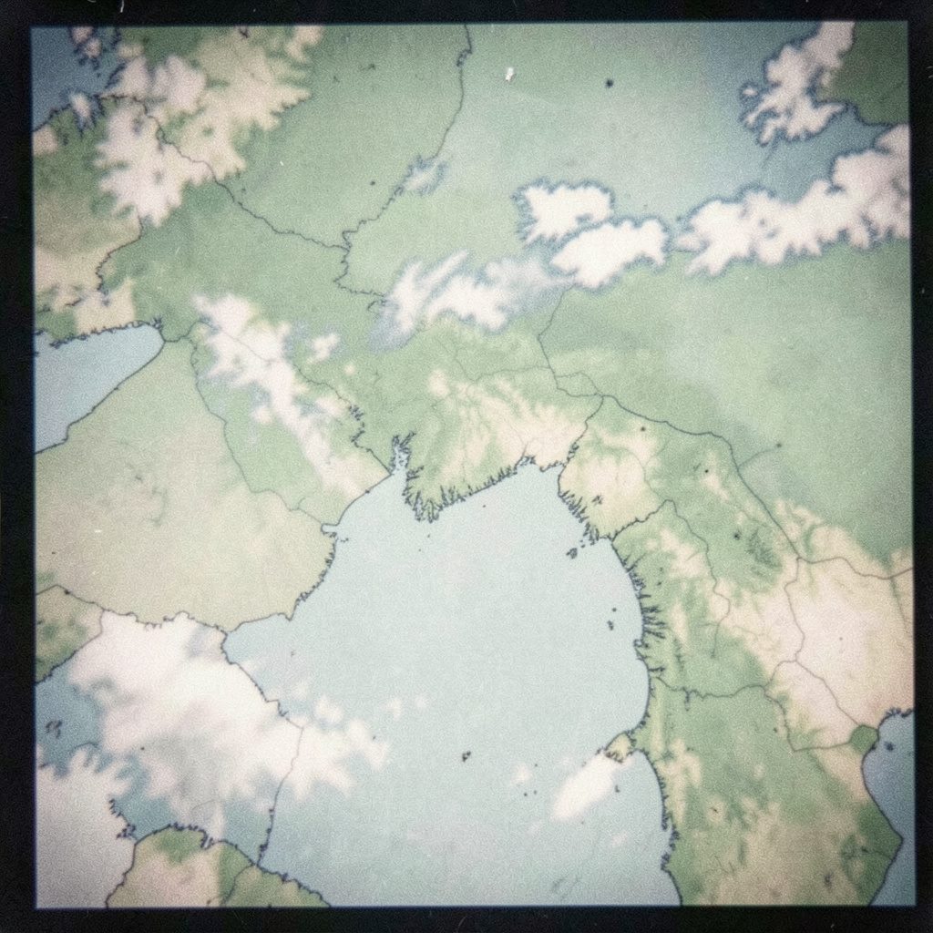 A grainy analog photograph of a weather report map showing cloud patterns across a region, soft greens and pale blues with textured paper grain.